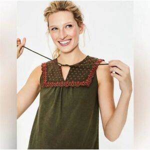 Boden Olive Sleeveless Blouse with Red Trim